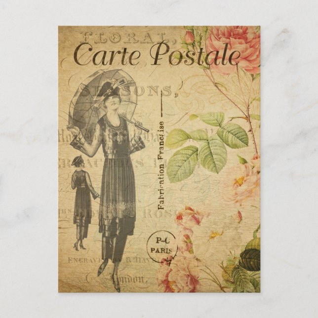 Vintage Lady Woman Fashion mit Umbrella French Postkarte (Vorderseite)