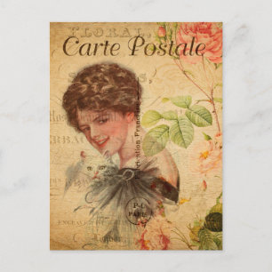 Vintage Lady Woman mit Niedlichem Cat Floral Franz Postkarte