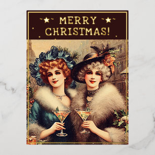 Vintage Ladys Weihnachts-Thema Grüße Retro Pic Folien Feiertagspostkarte