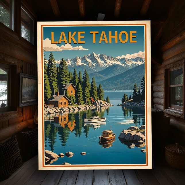 Vintage Lake Tahoe Retro Nature Landscape Rustic Postkarte (Vintage-inspired Lake Tahoe postcard with nostalgic hues and rustic charm, for notes or collecting)