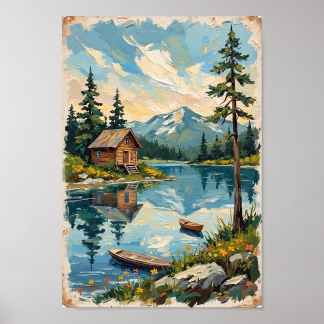 Vintage Lakeside Cabin Rustic Art Poster (Vorne)