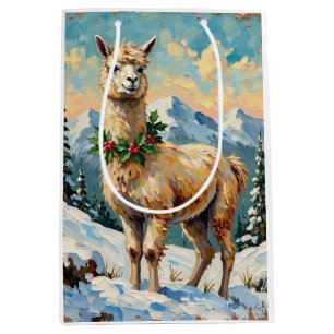 Vintage Lama in schneebedeckter Weihnachtswiese Mittlere Geschenktüte