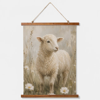 Vintage Lamm-Wildblumen-Farmhouse-Wandbehang Wandteppich Mit Holzrahmen