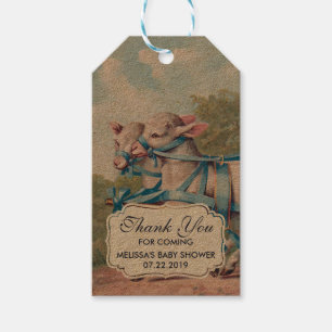 Vintage Lämmer in blauen Bändern auf Streifen Dank Geschenkanhänger