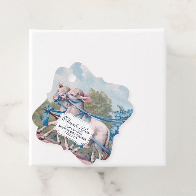 Vintage Lämmer in Extravaganten blauen Ribbons gek Geschenkanhänger (Beispiel)