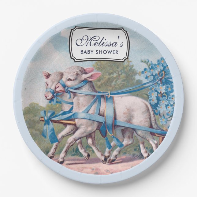 Vintage Lämmer mit Blauer Ribbons Babydusche Pappteller (Vorderseite)