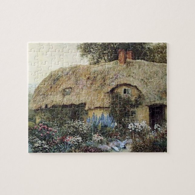 Vintage Land-Hütte mit Blumen-Garten-Puzzlespiel Puzzle (Horizontal)