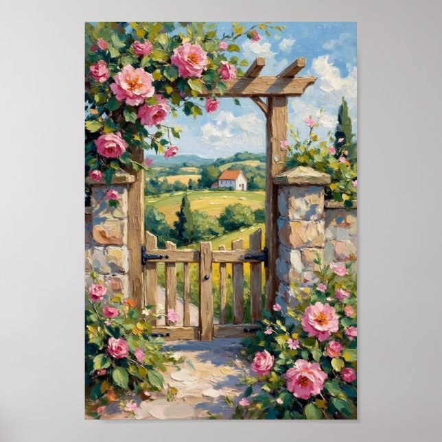 Vintage-Landhausgarten-Tor-Blumenkunst Poster (Vorne)