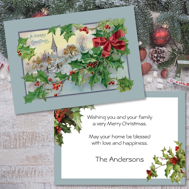 Vintage Landkirche und Holly Feiertagskarte (Von Creator hochgeladen)