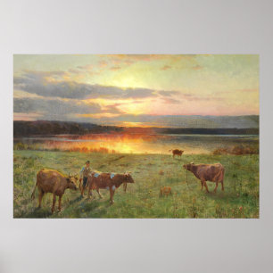 Vintage-Landschaft am See beim Sonnenuntergang mit Poster