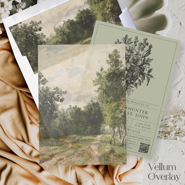 Vintage-Landschaft in Salbeigrün als Overlay für d (Elegant vintage French countryside landscape painting watercolor wedding invitation vellum overlay )