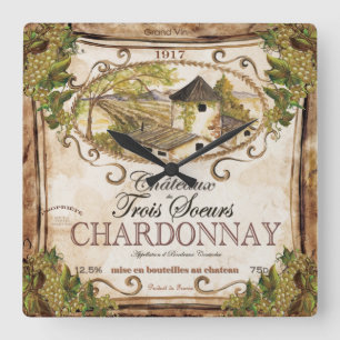 Vintage Landschaftliche französische Weinetikettsa Quadratische Wanduhr