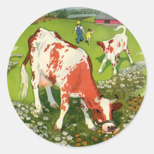 Vintage Landtiere, Kühe Weiden mit Bauer Runder Aufkleber