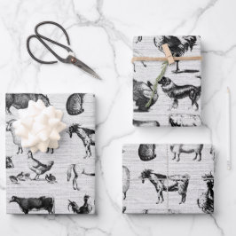 Vintage Landtiere Rustikale Collage Geschenkpapier Set