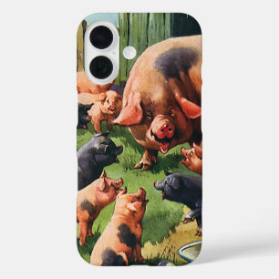 Vintage Landtiere, Schweine mit Niedlichen Baby-Fe iPhone 16 Hülle