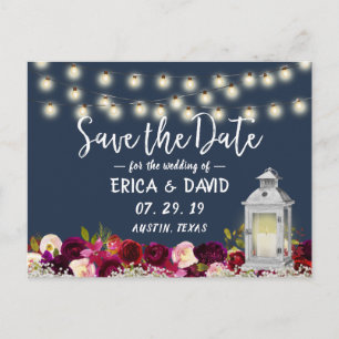 Vintage Lantern Burgundy Floral Navy Save the Date Ankündigungspostkarte