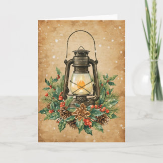 Vintage lantern holly pine rustic festive warm  karte