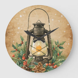 Vintage lantern holly pine rustic festive winter  große wanduhr