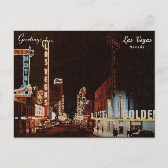 Vintage Las Vegas Fremont St View Postkarte Neon (Vorderseite)