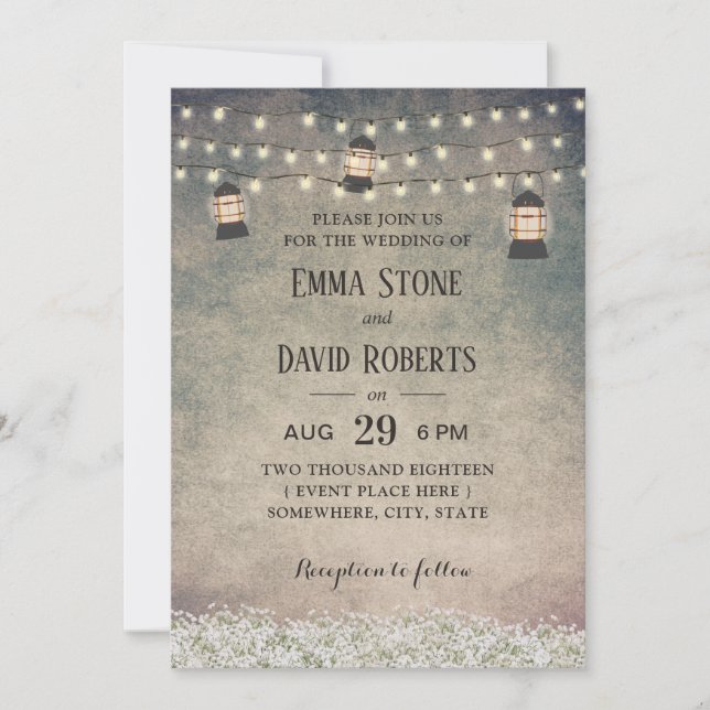 Vintage Laternengläser und rustikale Hochzeit Einladung (Vorderseite)