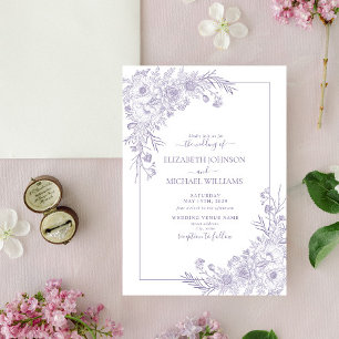 Vintage-Lavendel-Blumen-Linienkunst-Skript-Hochzei Einladung