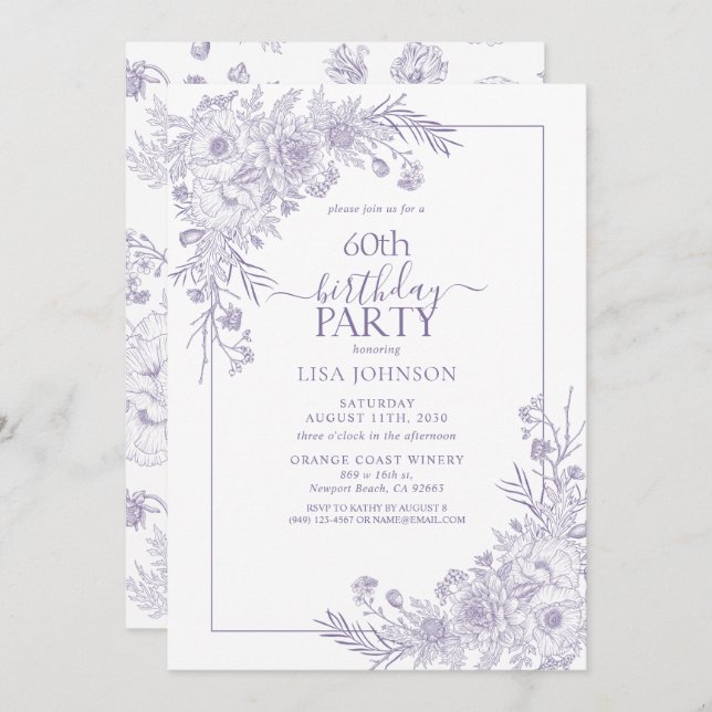 Vintage Lavendel-Blumenstrauß Art 60. Geburtstag Einladung (Vorne/Hinten)