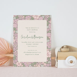 Vintage-Lavendel-Lilafarben-grüne florale Babypart Einladung