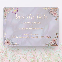 Vintage Lavendel Peony Foil Save the Date Karte