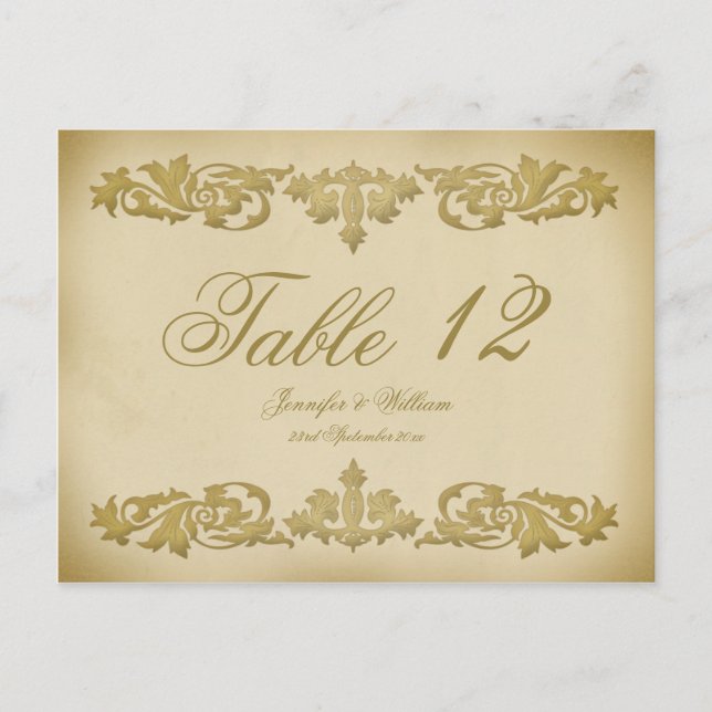 Vintage Leaf Scroll Hochzeit Tischnummer Postkarte (Vorderseite)