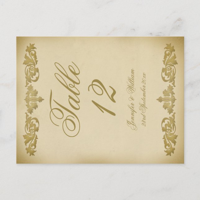 Vintage Leaf Scroll Hochzeit Tischnummer Postkarte (Vorderseite)