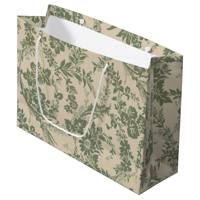Vintage lebendiges grünes Blumenmuster Große Geschenktüte (Vorderseite Schrägansicht)