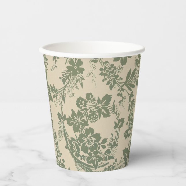 Vintage, lebendiges, grünes Blumenmuster Pappbecher (Vorderseite)