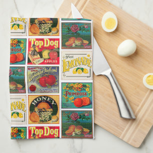 Vintage-Lebensmittel-Labels Farbige Muster Geschirrtuch