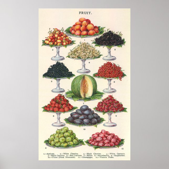 Vintage Lebensmittel Obst auf Tabletts zum Caterin Poster (Vorne)