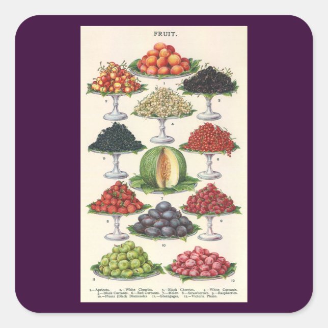 Vintage Lebensmittel Obst auf Tabletts zum Caterin Quadratischer Aufkleber (Vorderseite)