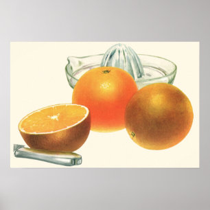 Vintage-Lebensmittel Obst, reife Orangen Entsafter Poster