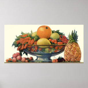 Vintage-Lebensmittel, sortiertes Obst in einer Sch Poster