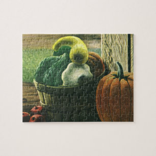 Vintage-Lebensmittel, Wintersquash, Kürbis und Äpf Puzzle