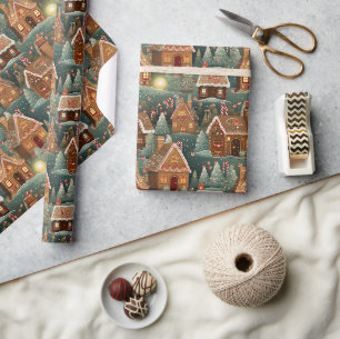 Vintage Lebkuchenhaeuser Weihnachtsbäume Süßigkeit Geschenkpapier