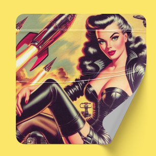 Vintage-Leder-Sci-Fi-Mädchen Quadratischer Aufkleber