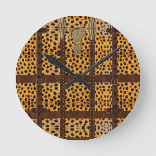 Vintage-Leder-Tribal-Gepard-Tierdruck Runde Wanduhr