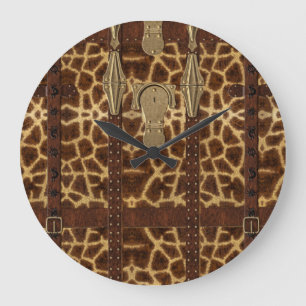 Vintage-Leder-Tribal-Giraffen-Tierdruck Große Wanduhr