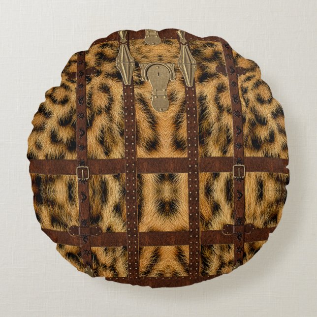 Vintage Ledertribal Leopard Tierwerbung Rundes Kissen (Vorderseite)