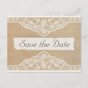 Vintage Leinwand, Papier und Spitze Save the Date  Ankündigungspostkarte