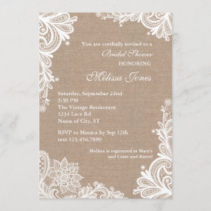 Vintage Leinwand-und Spitze-Brautparty-Einladung Einladung