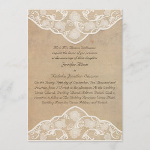 Vintage Leinwand und Spitzeneffekte Hochzeitseinla Einladung