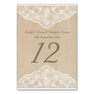 Vintage Leinwand und Spitzenschauspiel Hochzeitsst Tischnummer