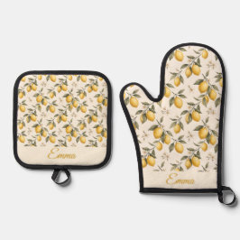 Vintage Lemon Blossom – Elegante botanische Zitrus Ofenhandschuh & Topflappen-Set