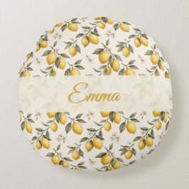 Vintage Lemon Blossom – Elegante botanische Zitrus Rundes Kissen