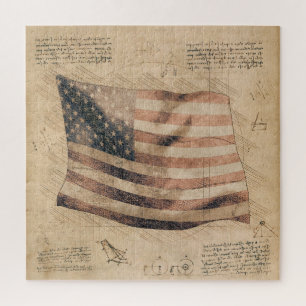 Vintage Leonardo Da Vinci USA Flag Reproduction Puzzle